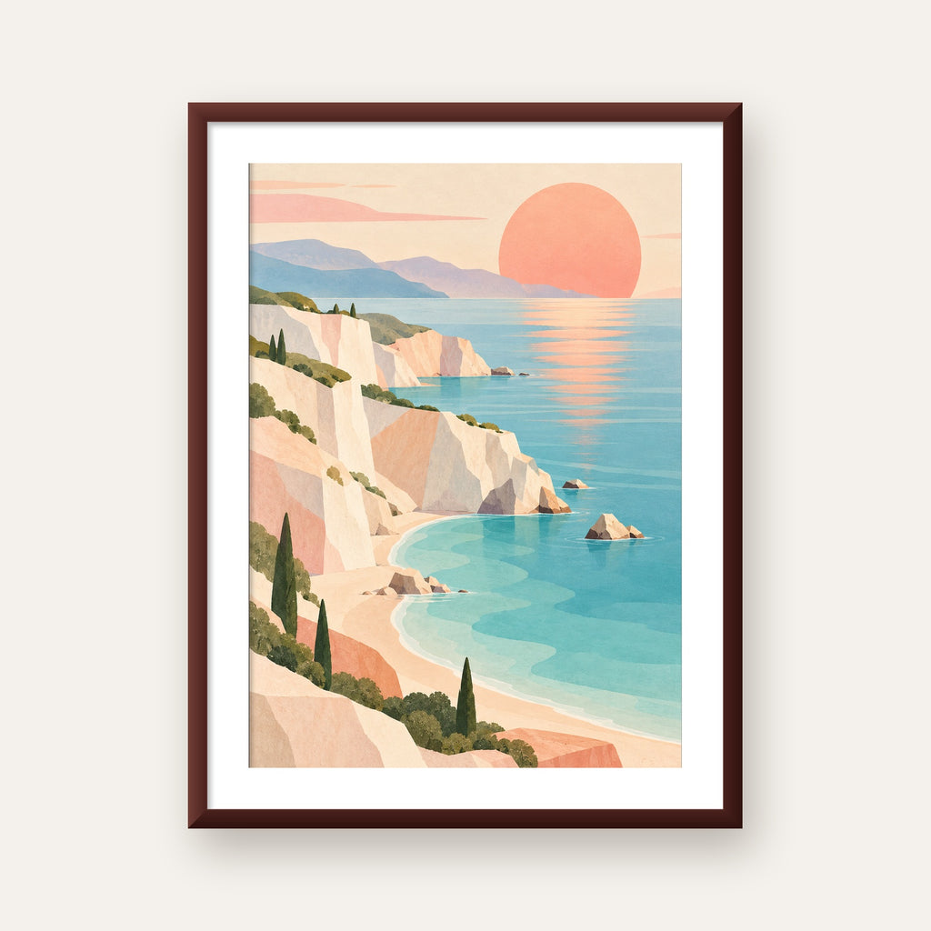 Soft Pastel Kayalık Sahil — ceviz çerçeveli paspartulu