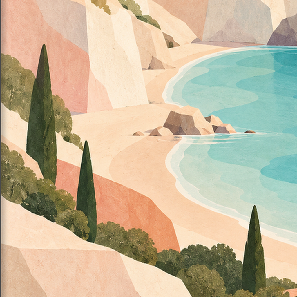 Akdeniz Sahili Gün Batımı Minimalist Pastel Poster — baskının yakın çekimi, kâğıt dokusu ve renk detayı