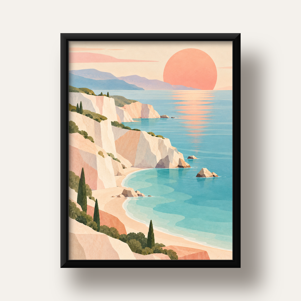 Soft Pastel Kayalık Sahil — siyah derin çerçeveli