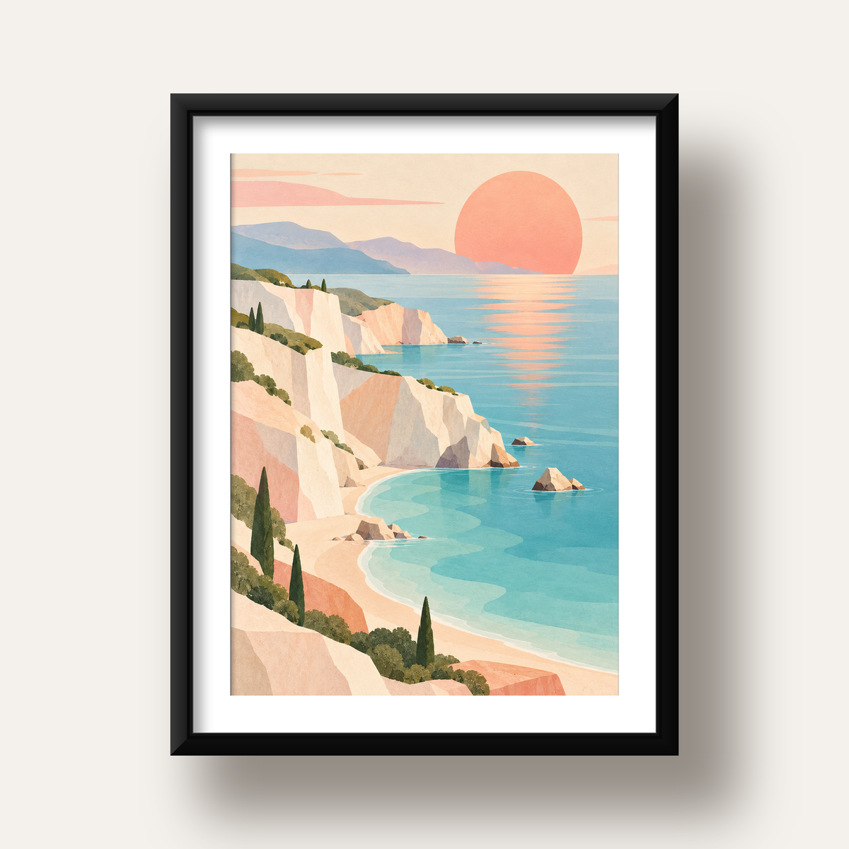 Soft Pastel Kayalık Sahil — siyah derin çerçeveli paspartulu