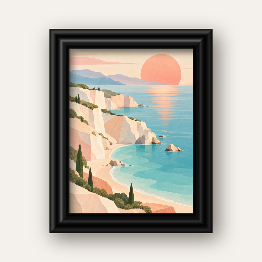 Soft Pastel Kayalık Sahil — siyah galeri çerçeveli
