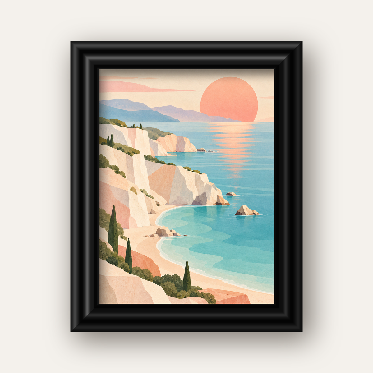 Soft Pastel Kayalık Sahil — siyah galeri çerçeveli