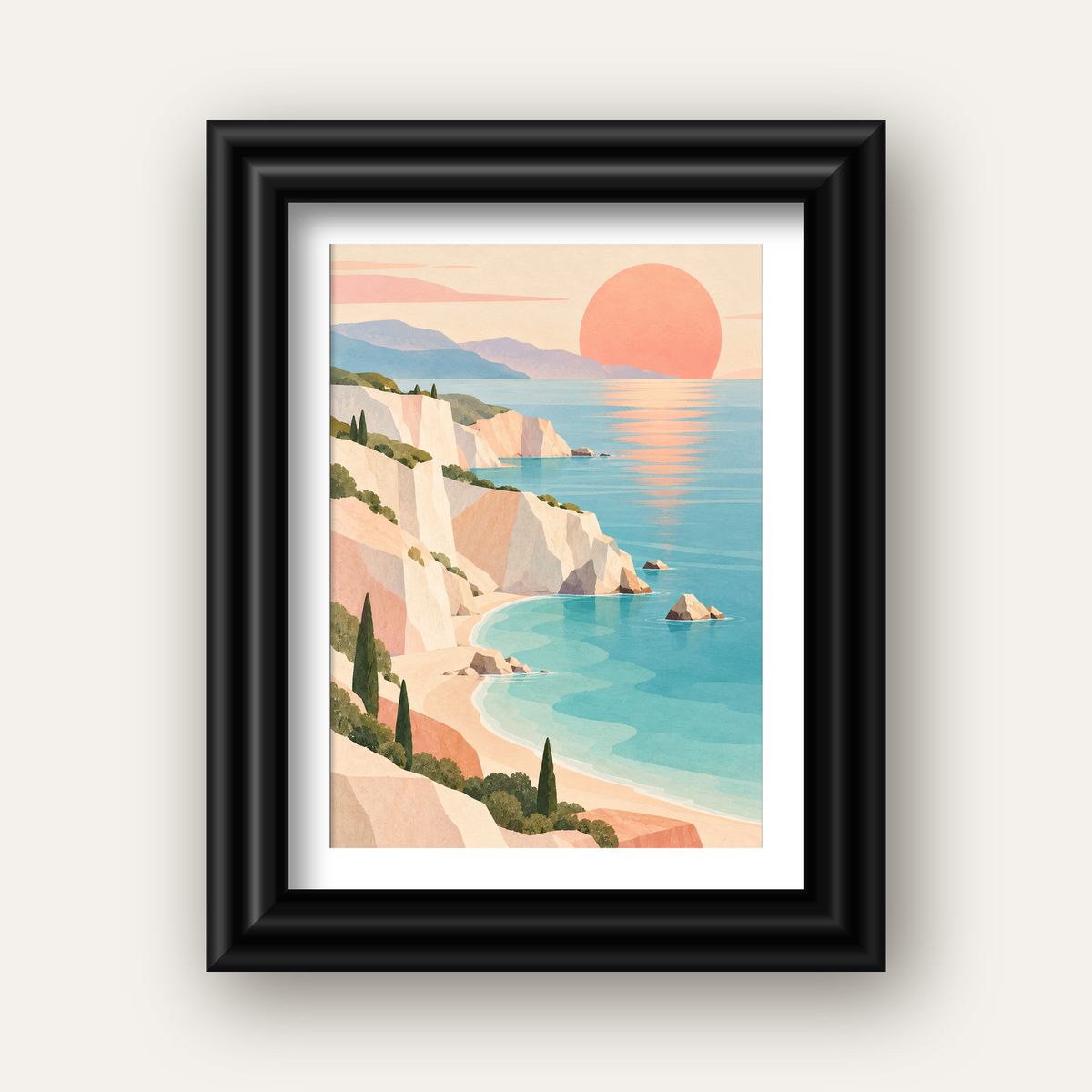 Soft Pastel Kayalık Sahil — siyah galeri çerçeveli paspartulu