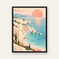 Akdeniz Sahili Gün Batımı Minimalist Pastel Poster — Dikey baskı, düz siyah çerçeveli duvar posteri