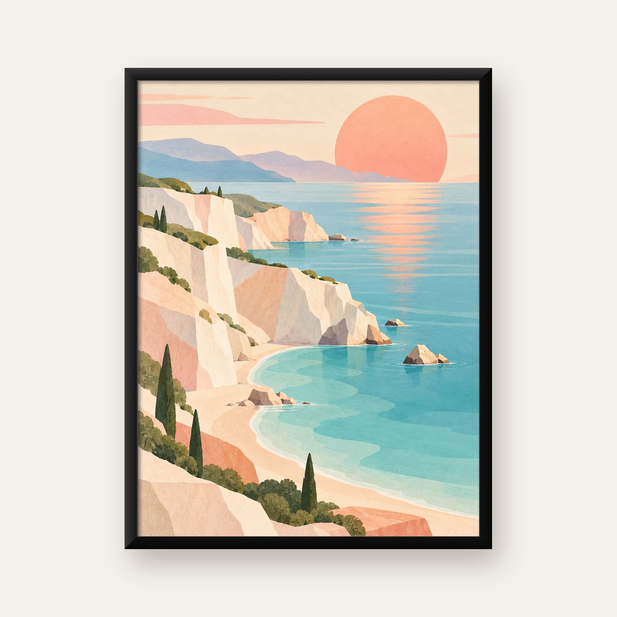 Akdeniz Sahili Gün Batımı Minimalist Pastel Poster — Dikey baskı, düz siyah çerçeveli duvar posteri