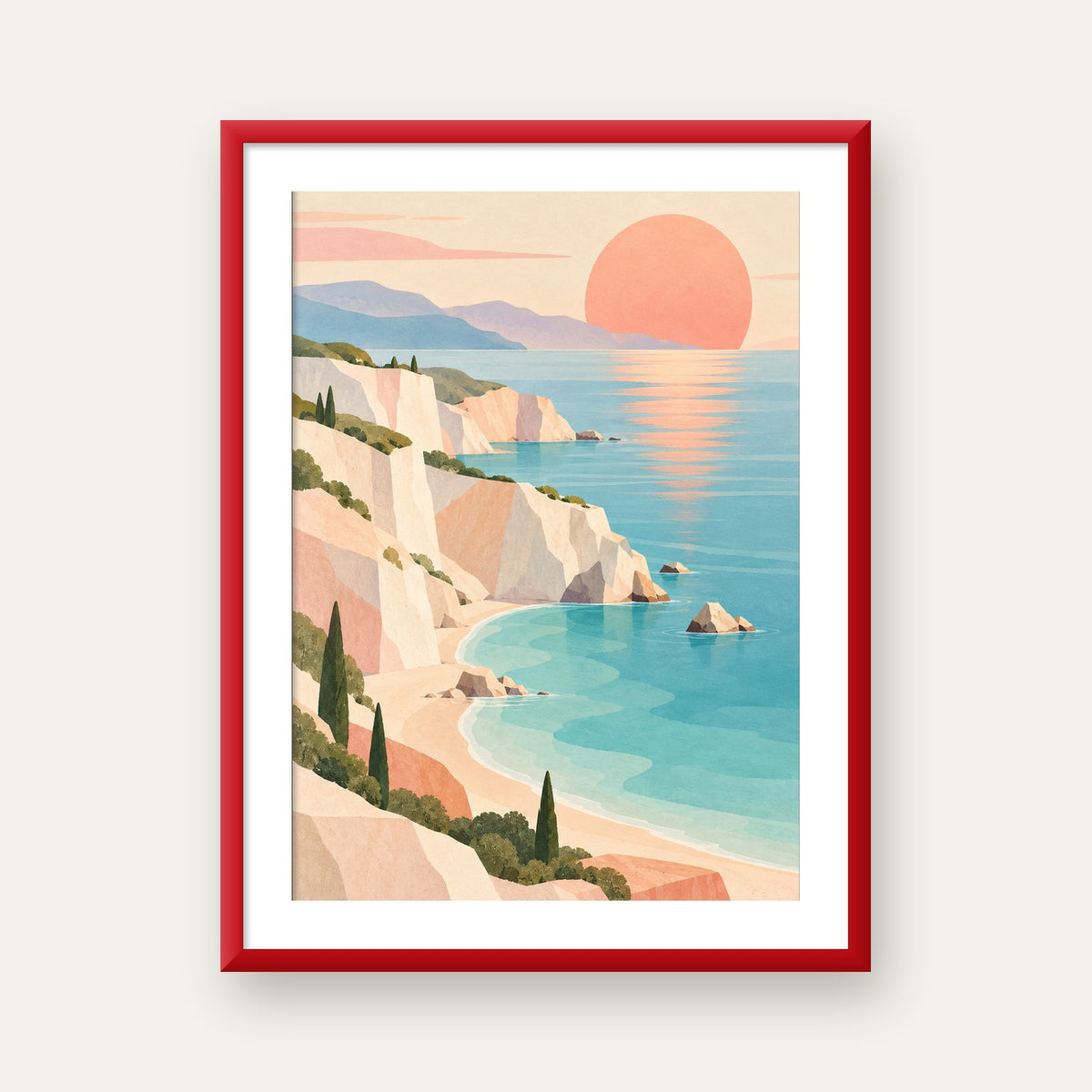 Soft Pastel Kayalık Sahil — kırmızı çerçeveli paspartulu
