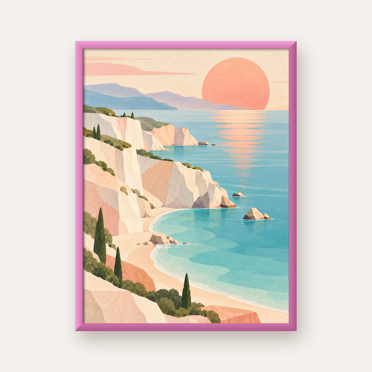Soft Pastel Kayalık Sahil — pembe çerçeveli