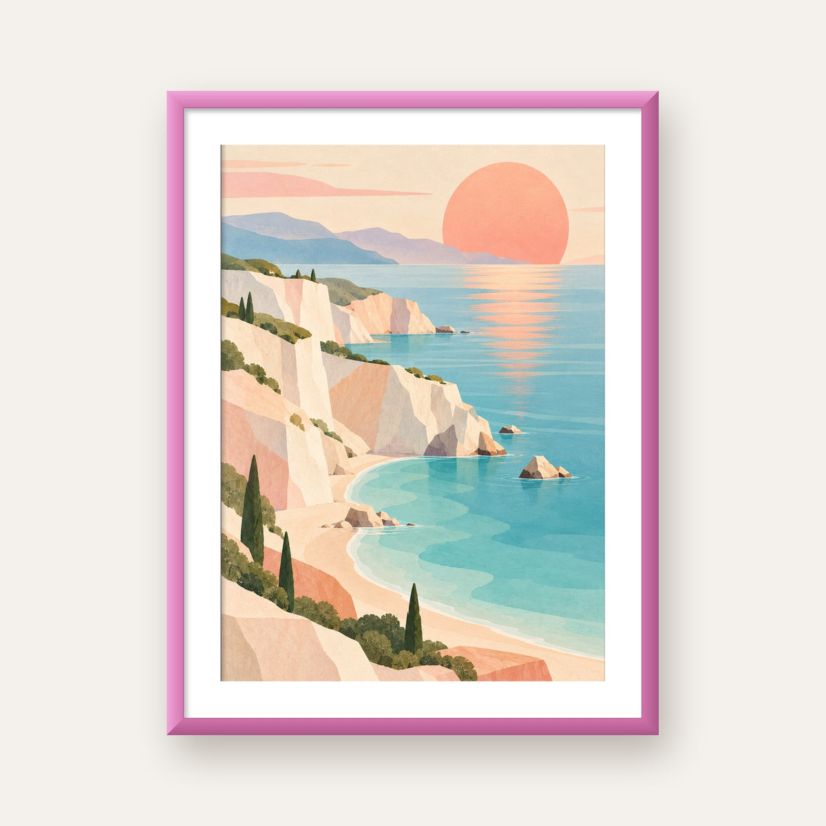 Soft Pastel Kayalık Sahil — pembe çerçeveli paspartulu