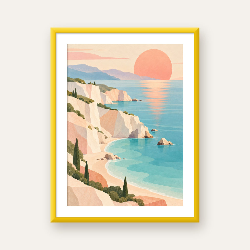 Soft Pastel Kayalık Sahil — sarı çerçeveli paspartulu