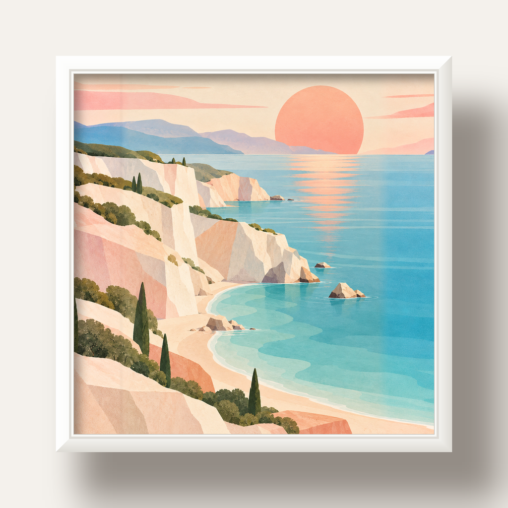 Soft Pastel Kayalık Sahil — beyaz derin çerçeveli