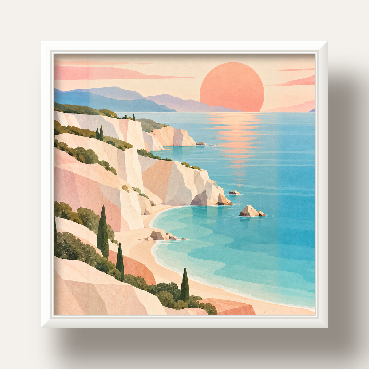 Soft Pastel Kayalık Sahil — beyaz derin çerçeveli