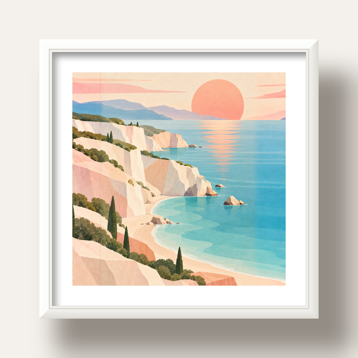 Soft Pastel Kayalık Sahil — beyaz derin çerçeveli paspartulu