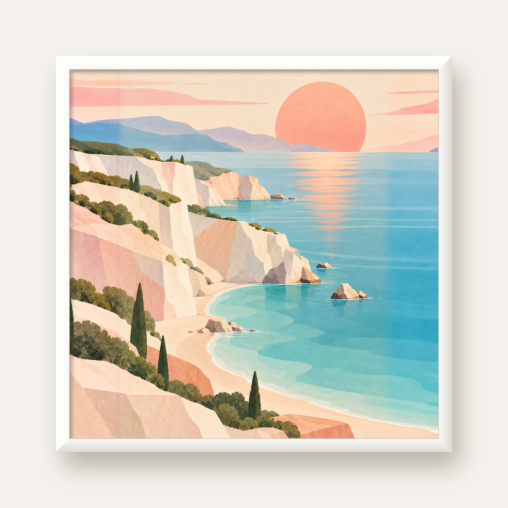 Soft Pastel Kayalık Sahil — beyaz çerçeveli kare poster