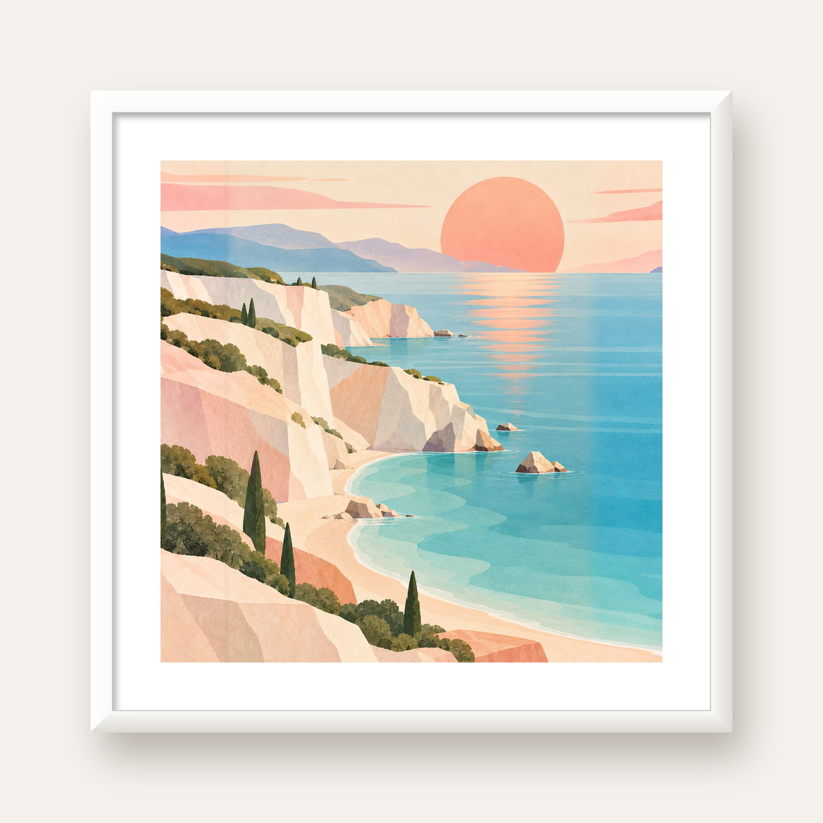 Soft Pastel Kayalık Sahil — beyaz çerçeveli kare poster