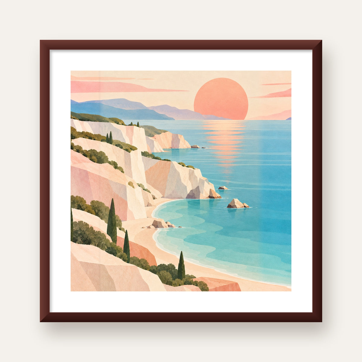 Soft Pastel Kayalık Sahil — ceviz çerçeveli paspartulu