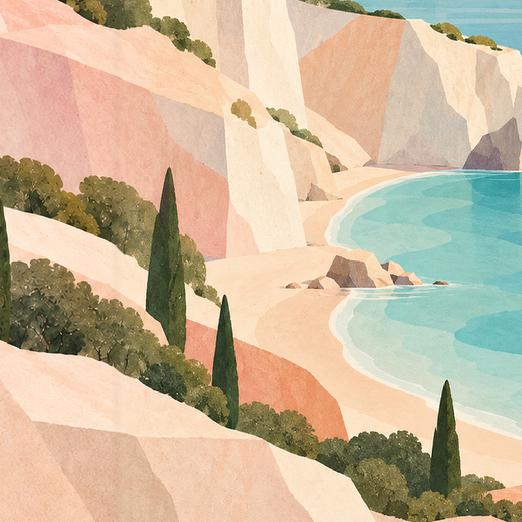 Akdeniz Sahili Gün Batımı Minimalist Pastel Poster — baskının yakın çekimi, kâğıt dokusu ve renk detayı