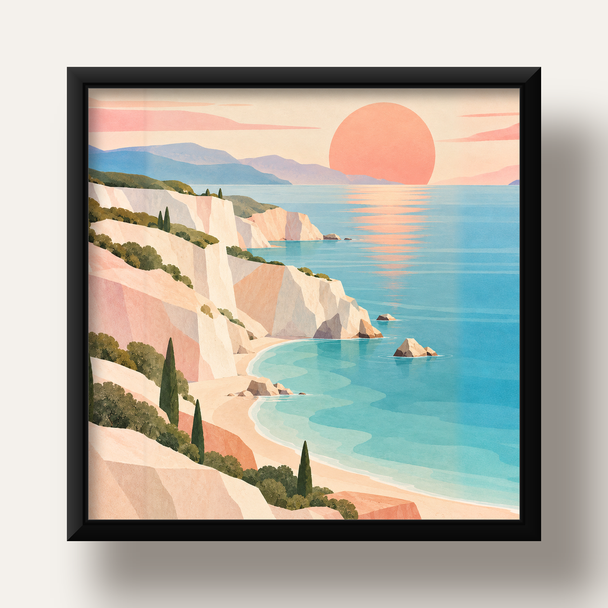 Soft Pastel Kayalık Sahil — siyah derin çerçeveli