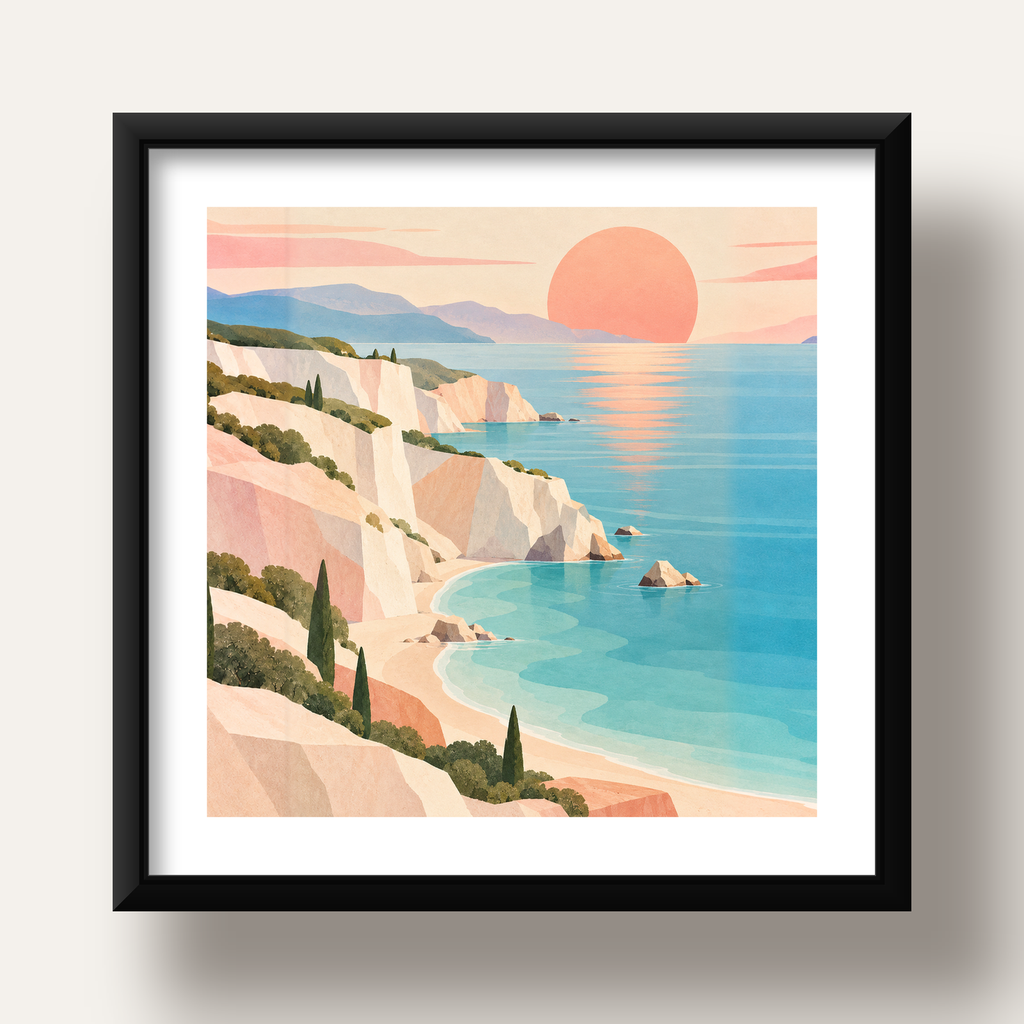 Soft Pastel Kayalık Sahil — siyah derin çerçeveli paspartulu