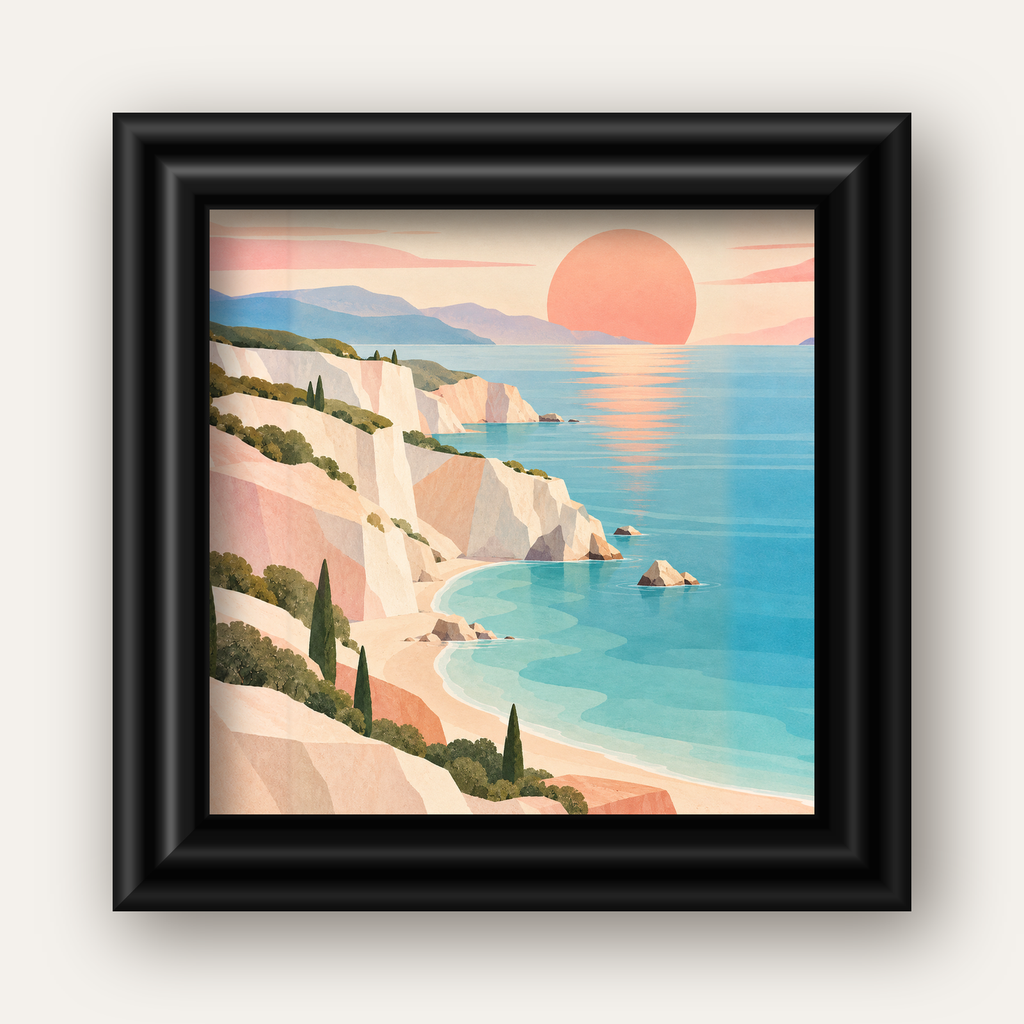 Soft Pastel Kayalık Sahil — siyah galeri çerçeveli