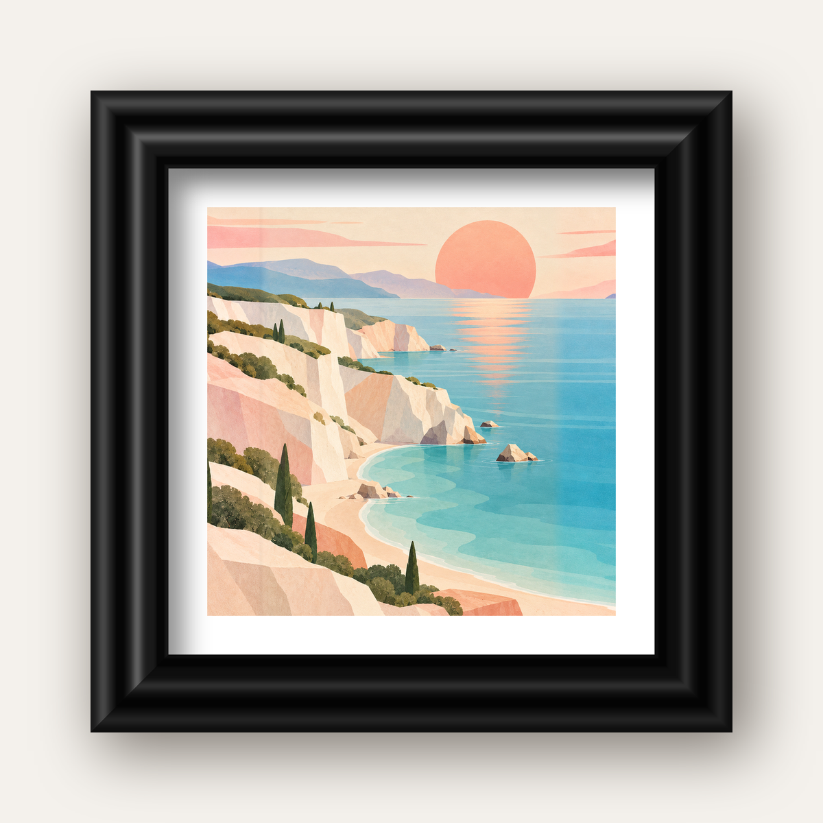 Soft Pastel Kayalık Sahil — siyah galeri çerçeveli paspartulu