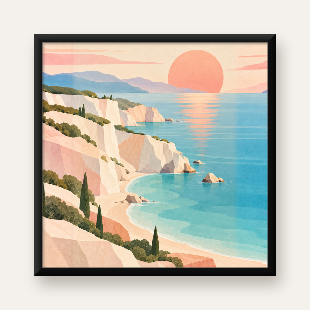 Akdeniz Sahili Gün Batımı Minimalist Pastel Poster — Kare baskı, düz siyah çerçeveli duvar posteri