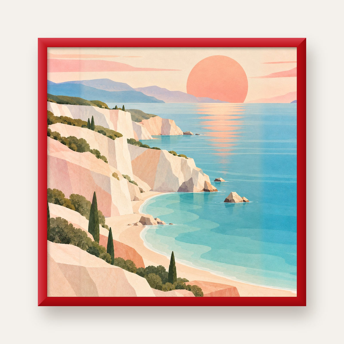 Soft Pastel Kayalık Sahil — kırmızı çerçeveli