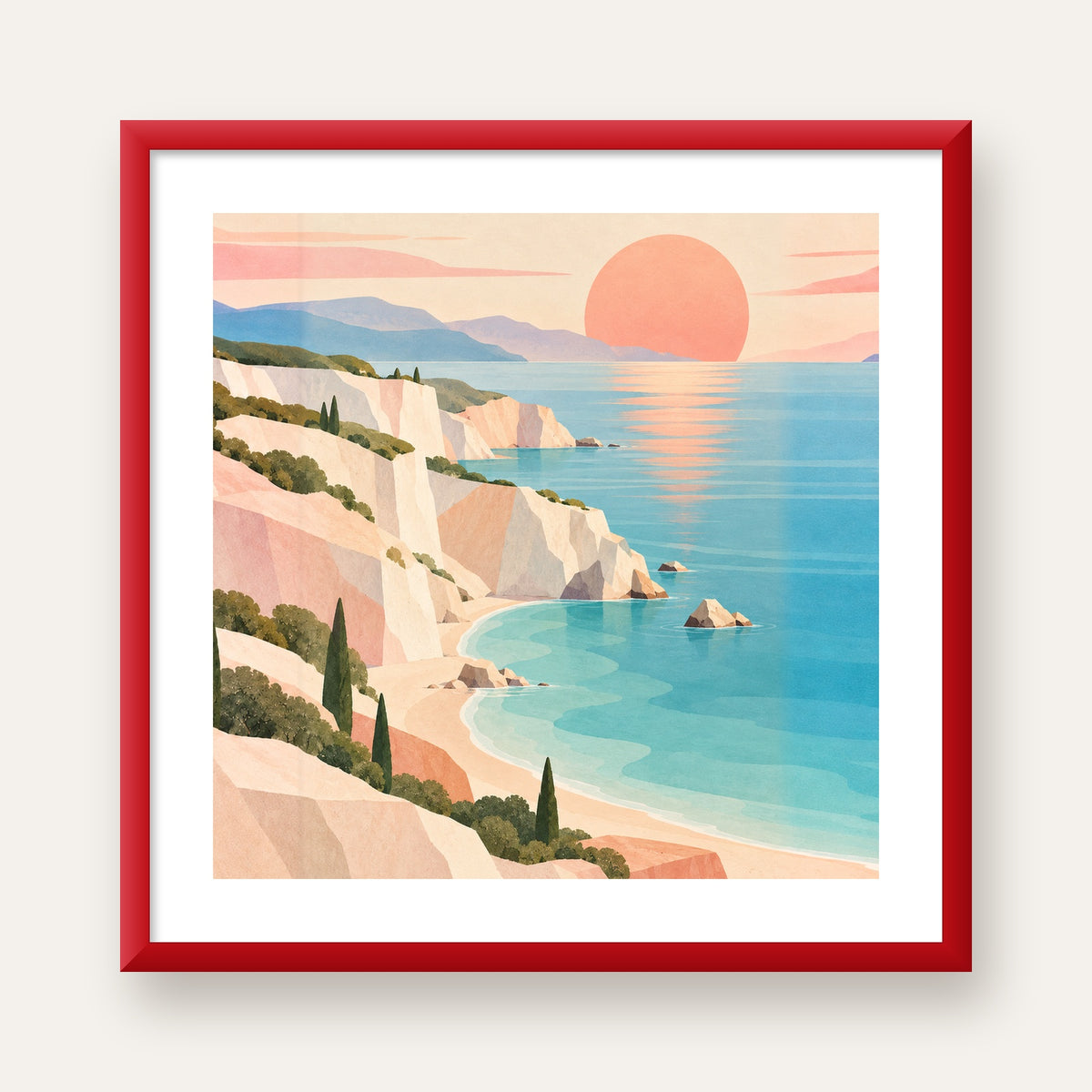 Soft Pastel Kayalık Sahil — kırmızı çerçeveli paspartulu