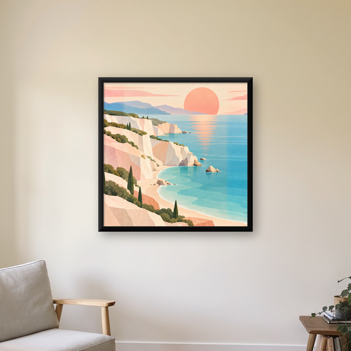 Akdeniz Sahili Gün Batımı Minimalist Pastel Poster — Kare baskı, çerçeveli hâliyle bir ev duvarında