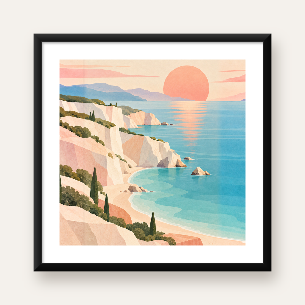 Akdeniz Sahili Gün Batımı Minimalist Pastel Poster — Kare baskı, beyaz kenar boşluklu