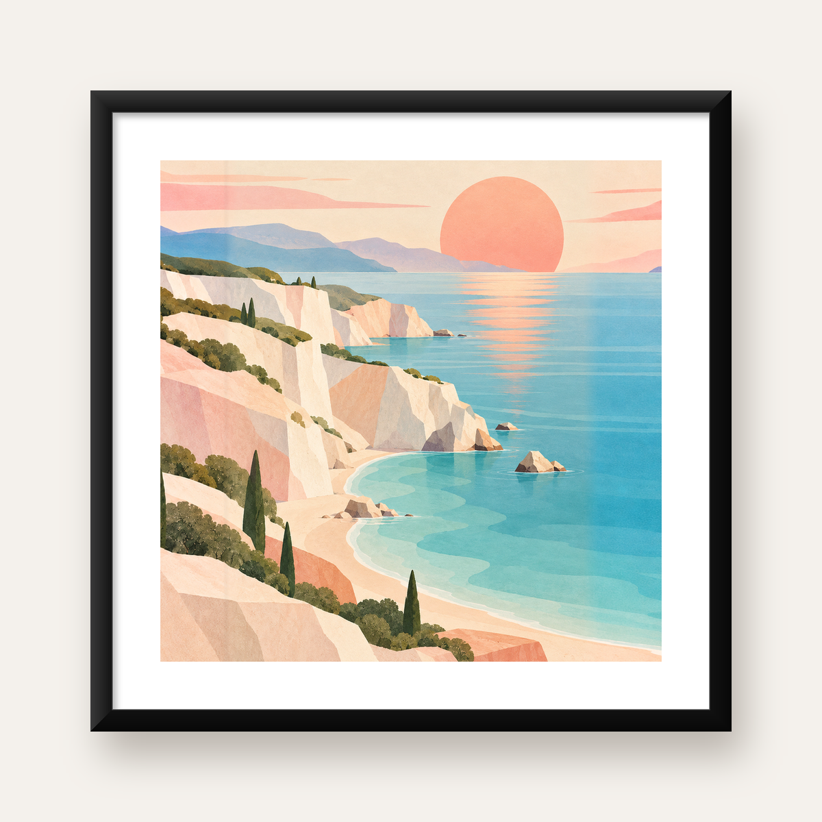 Akdeniz Sahili Gün Batımı Minimalist Pastel Poster — Kare baskı, beyaz kenar boşluklu