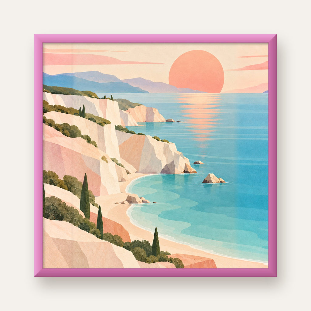 Soft Pastel Kayalık Sahil — pembe çerçeveli