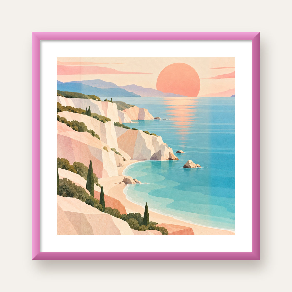 Soft Pastel Kayalık Sahil — pembe çerçeveli paspartulu