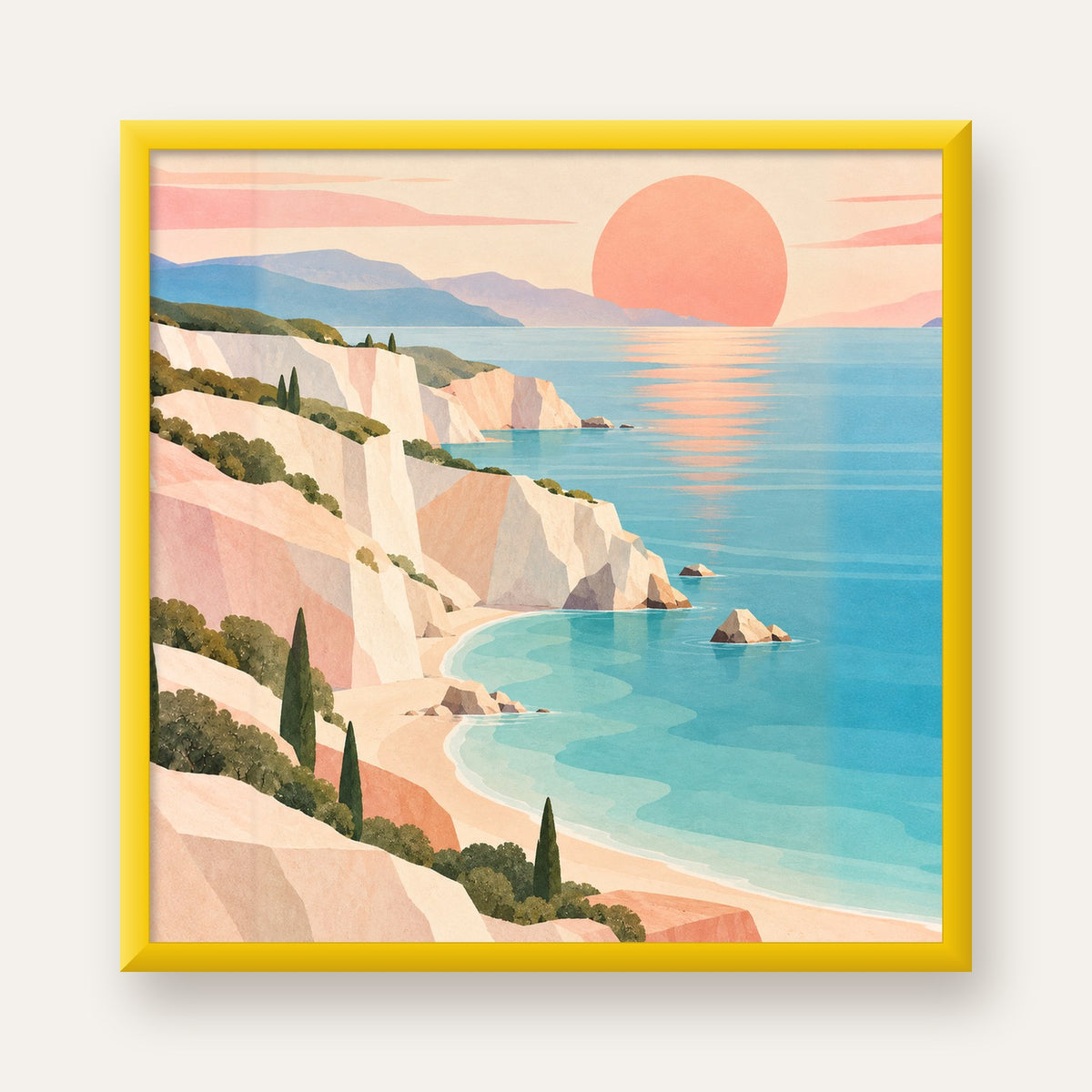Soft Pastel Kayalık Sahil — sarı çerçeveli