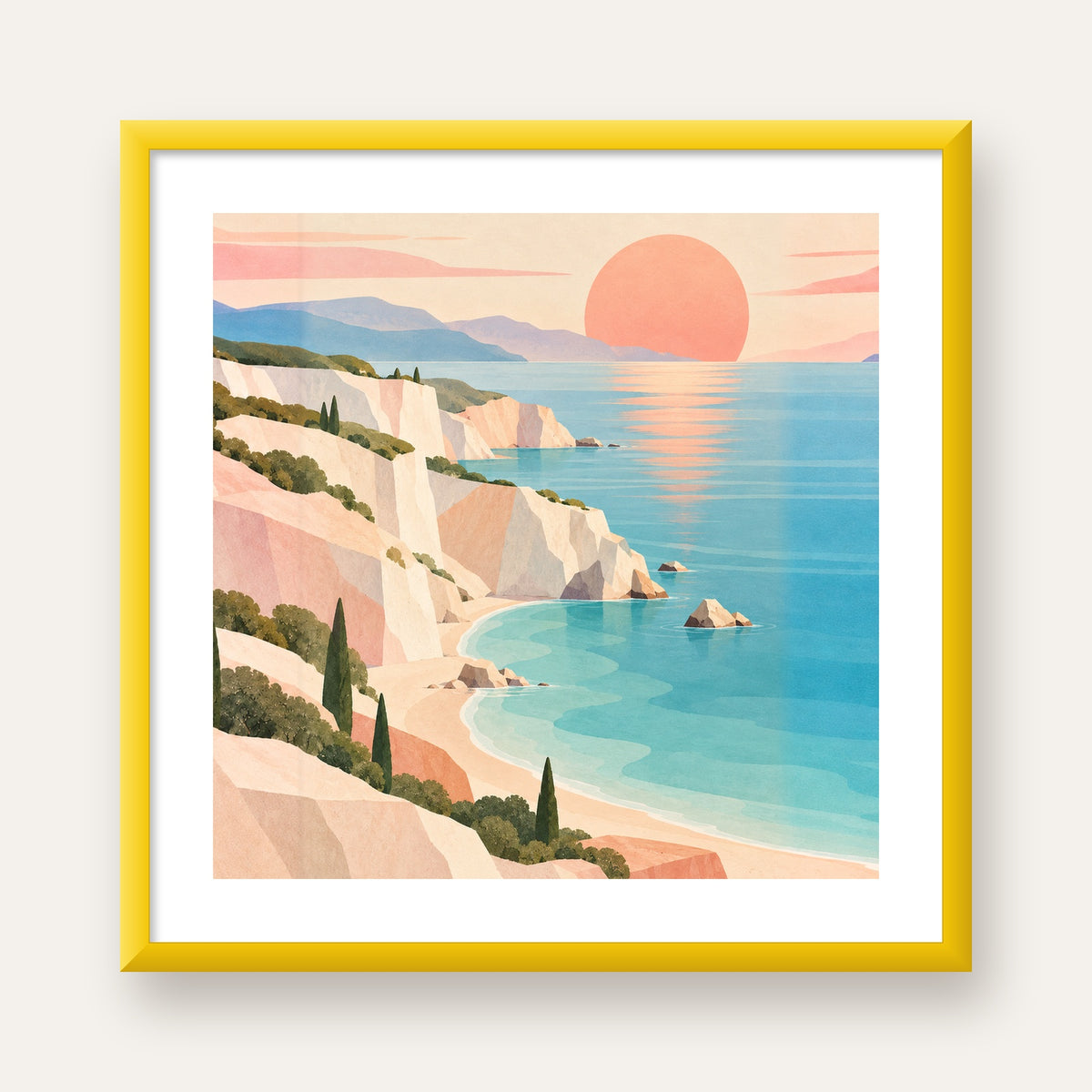 Soft Pastel Kayalık Sahil — sarı çerçeveli paspartulu