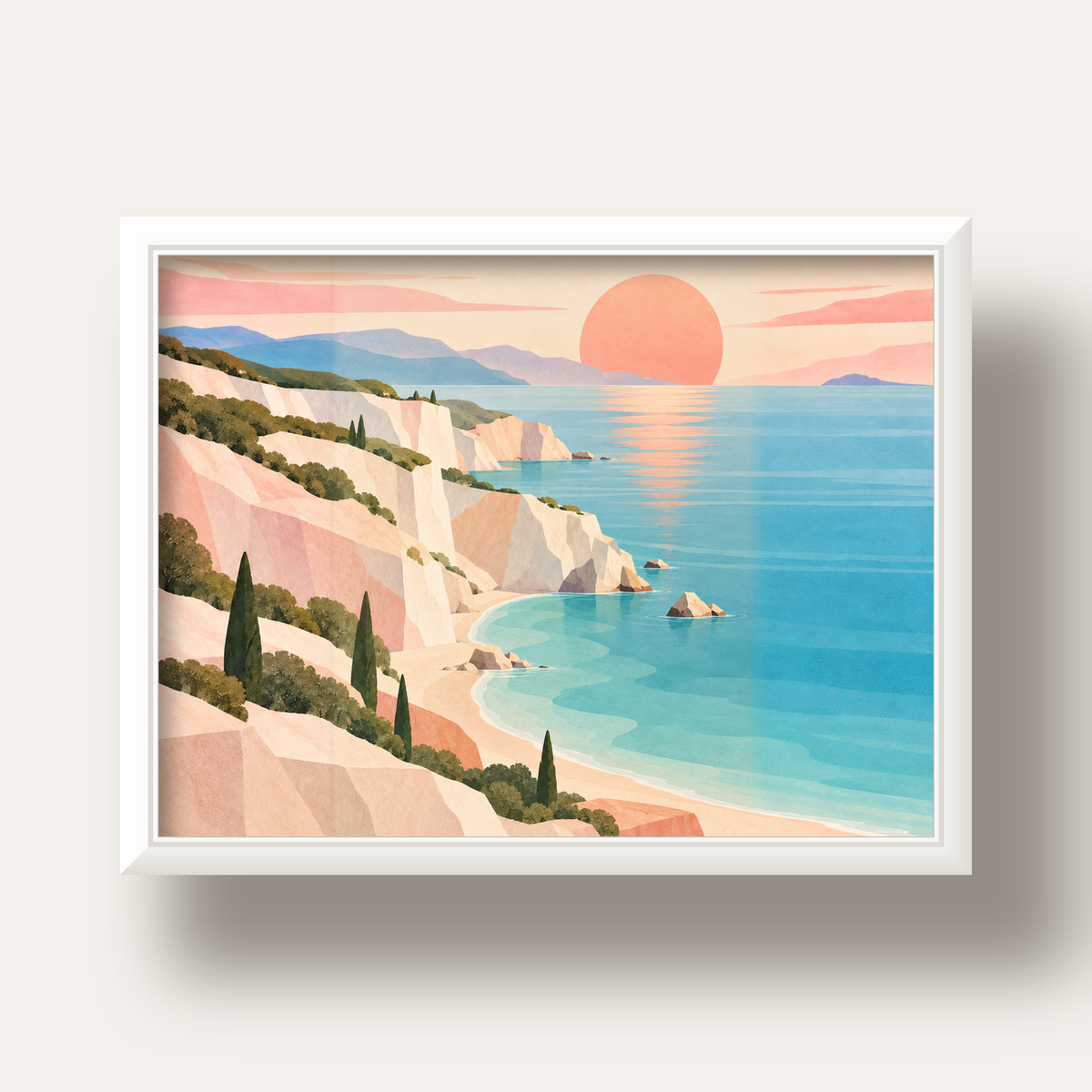 Soft Pastel Kayalık Sahil — beyaz derin çerçeveli