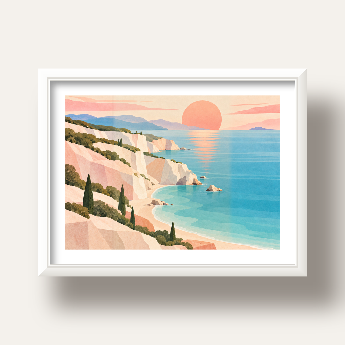 Soft Pastel Kayalık Sahil — beyaz derin çerçeveli paspartulu