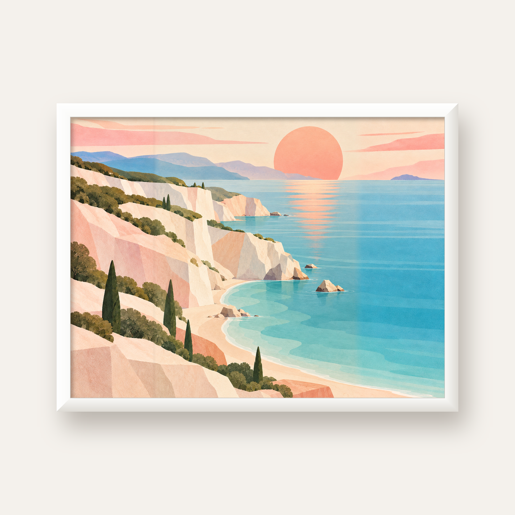 Soft Pastel Kayalık Sahil — beyaz çerçeveli yatay poster