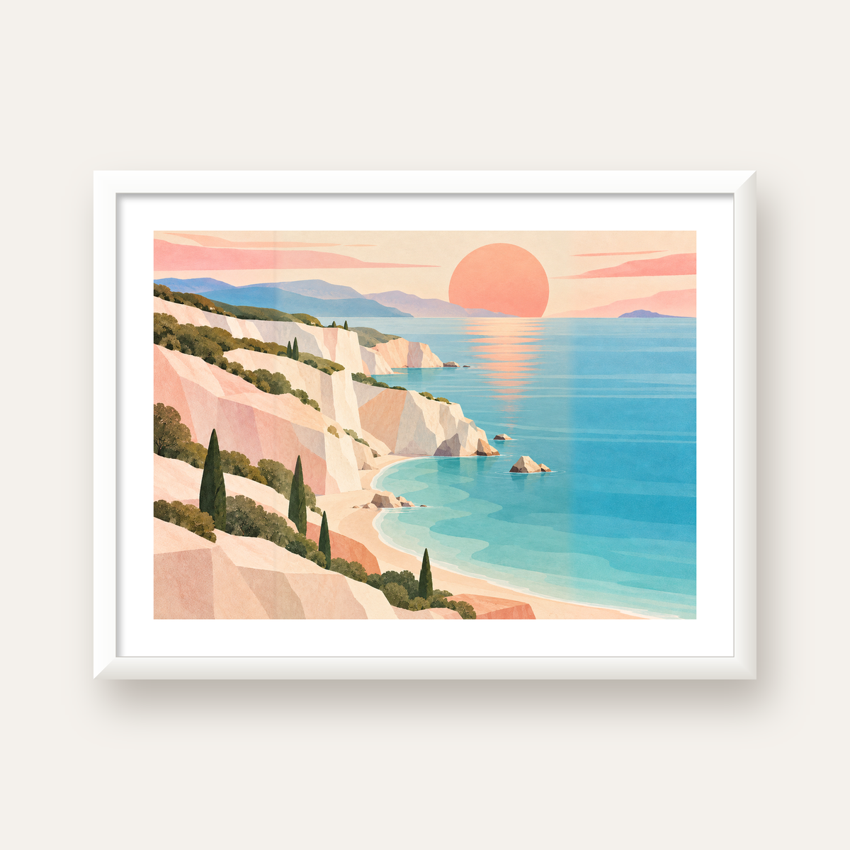 Soft Pastel Kayalık Sahil — beyaz çerçeveli yatay poster