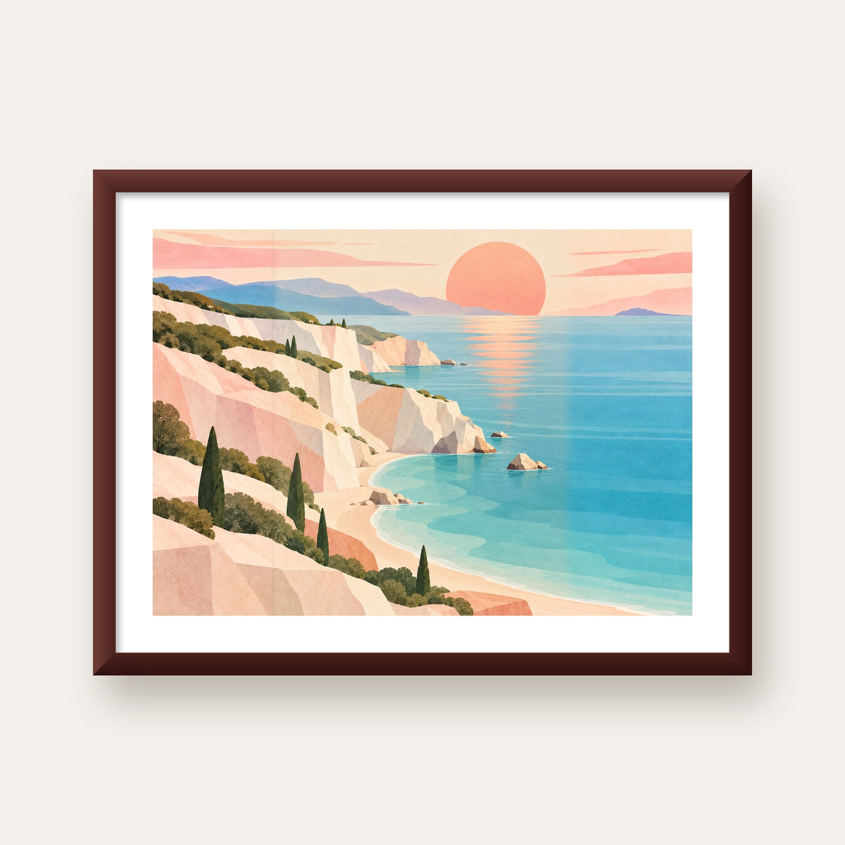 Soft Pastel Kayalık Sahil — ceviz çerçeveli paspartulu