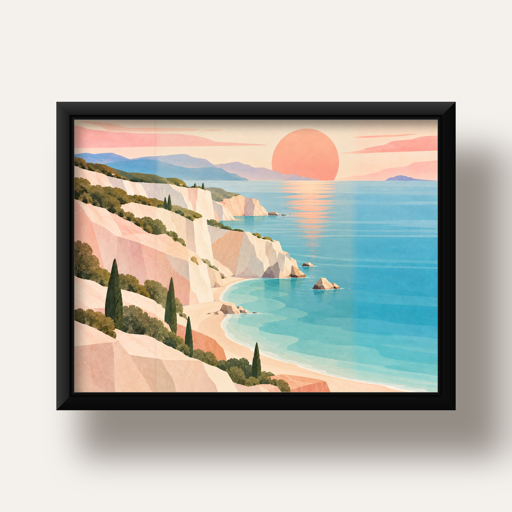 Soft Pastel Kayalık Sahil — siyah derin çerçeveli