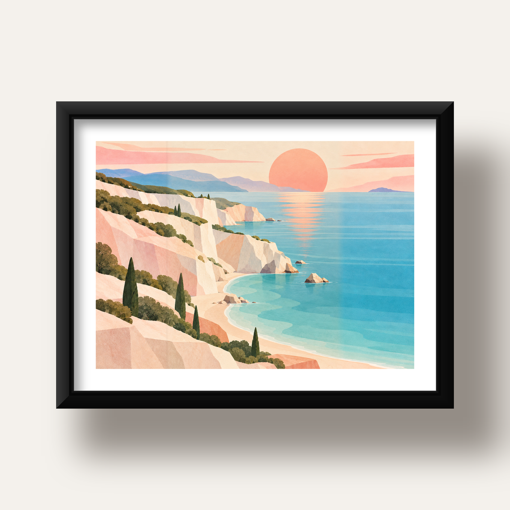 Soft Pastel Kayalık Sahil — siyah derin çerçeveli paspartulu