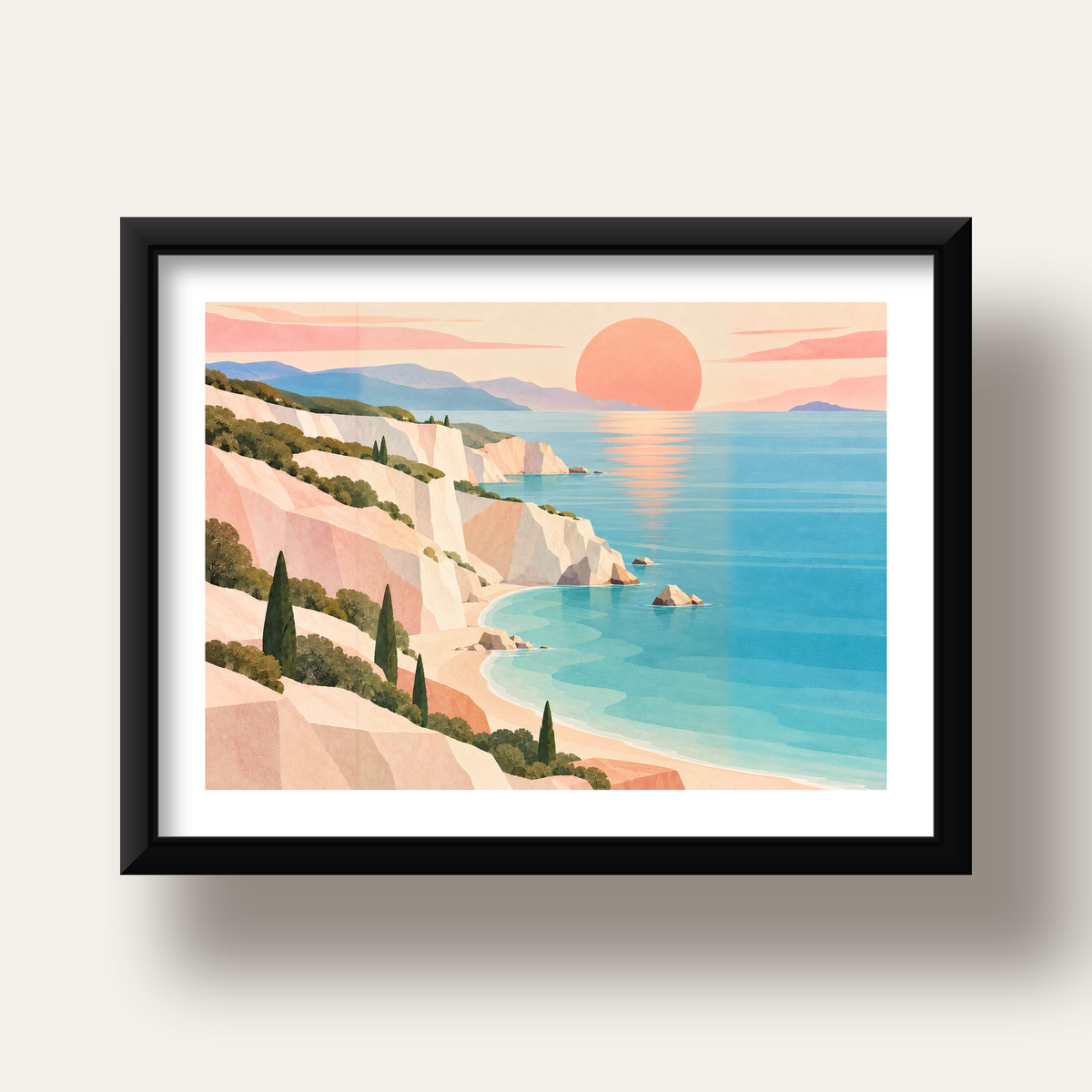 Soft Pastel Kayalık Sahil — siyah derin çerçeveli paspartulu