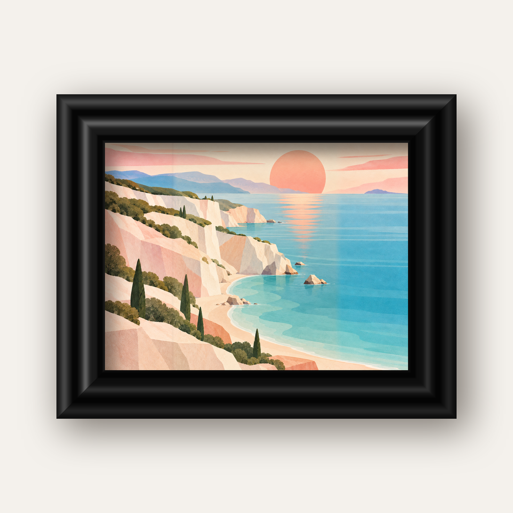 Soft Pastel Kayalık Sahil — siyah galeri çerçeveli