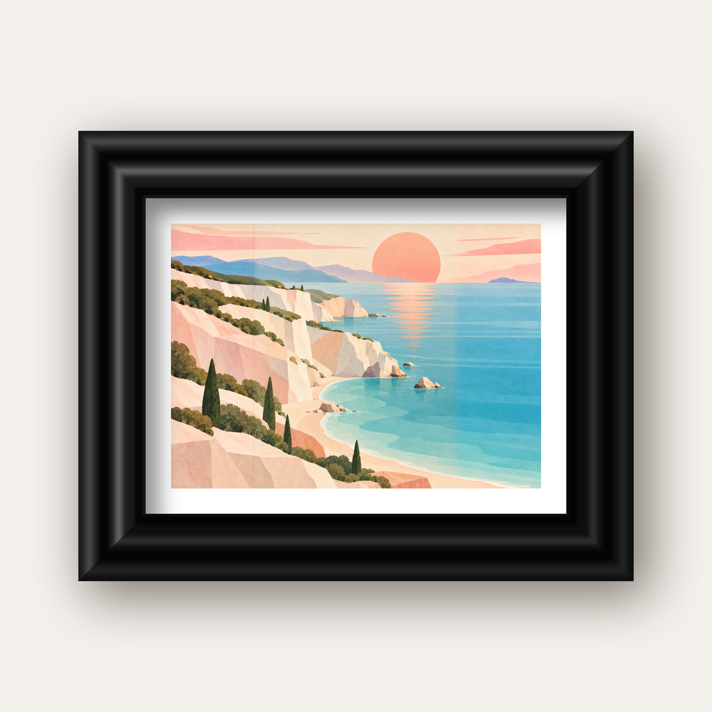 Soft Pastel Kayalık Sahil — siyah galeri çerçeveli paspartulu