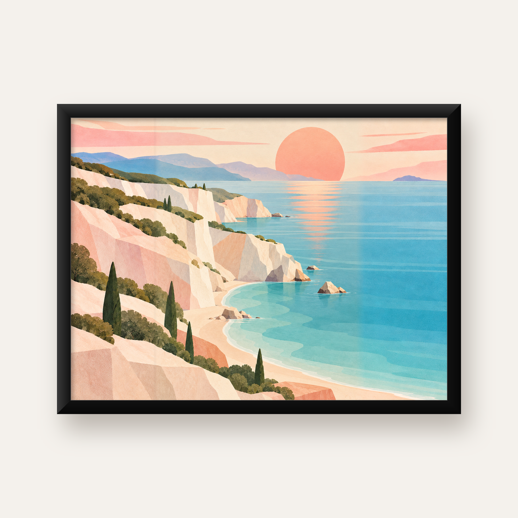 Akdeniz Sahili Gün Batımı Minimalist Pastel Poster — Yatay baskı, düz siyah çerçeveli duvar posteri