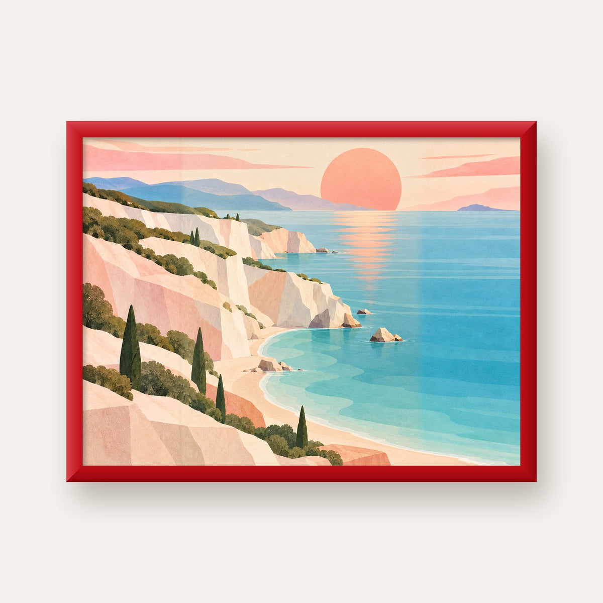 Soft Pastel Kayalık Sahil — kırmızı çerçeveli
