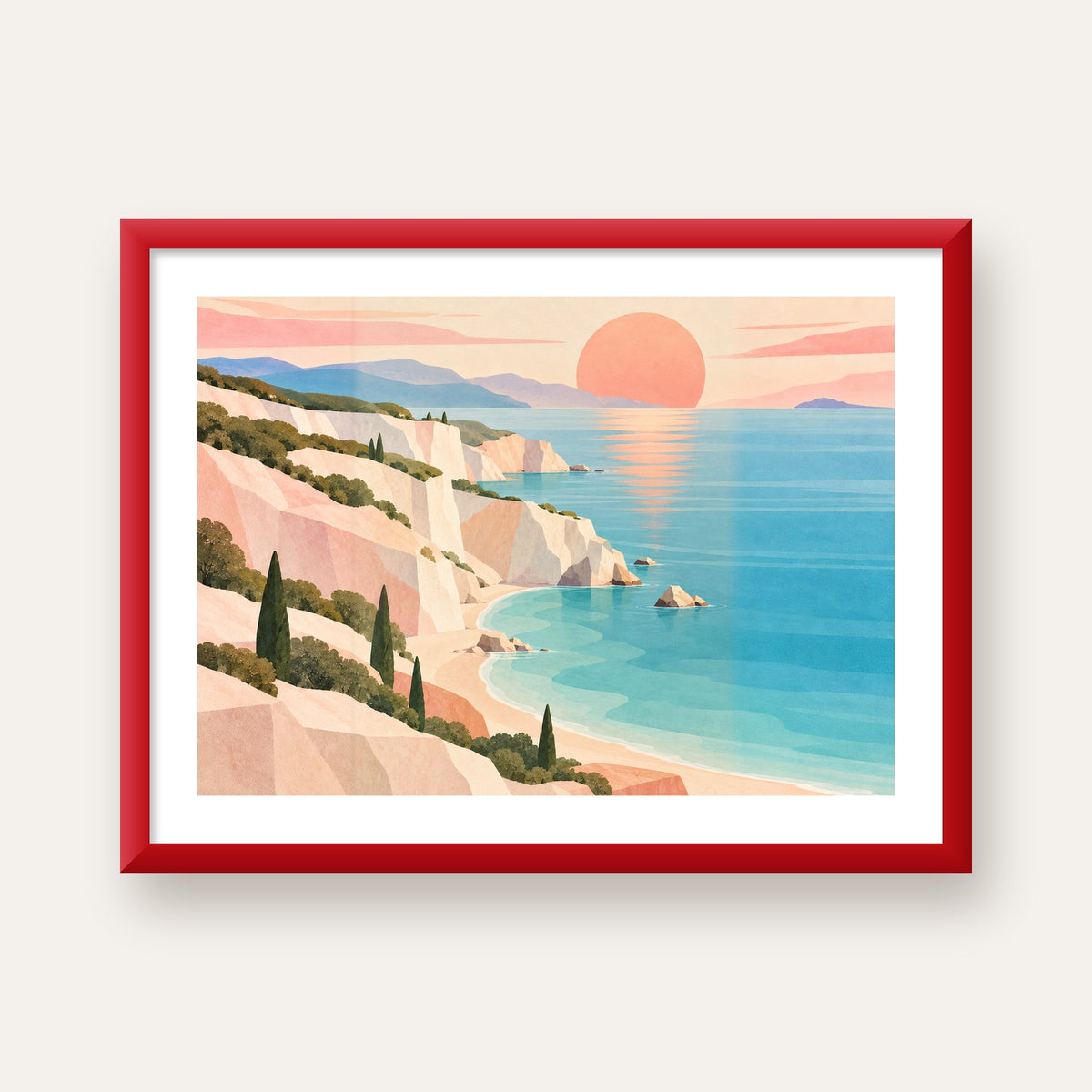 Soft Pastel Kayalık Sahil — kırmızı çerçeveli paspartulu