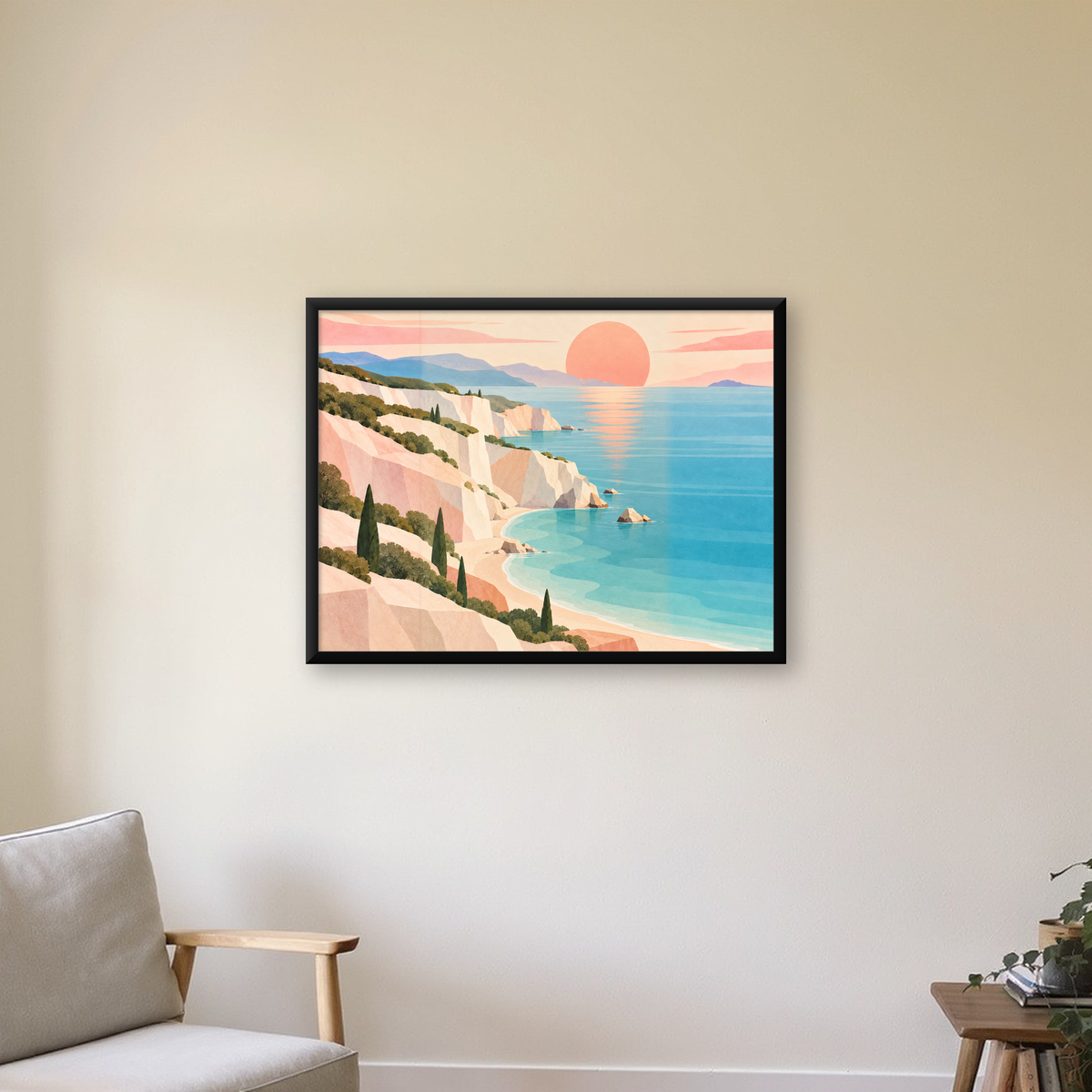 Akdeniz Sahili Gün Batımı Minimalist Pastel Poster — Yatay baskı, çerçeveli hâliyle bir ev duvarında