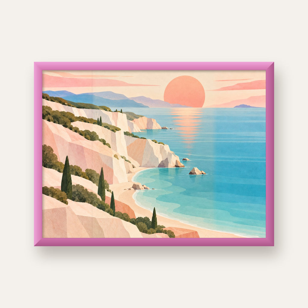 Soft Pastel Kayalık Sahil — pembe çerçeveli
