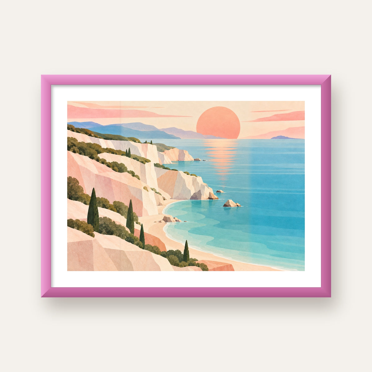 Soft Pastel Kayalık Sahil — pembe çerçeveli paspartulu